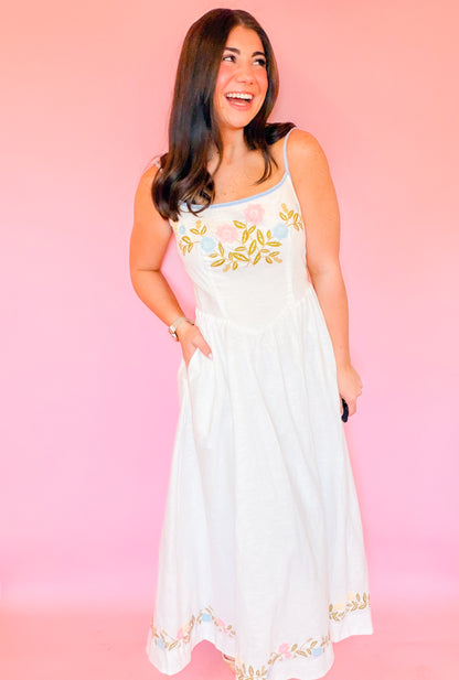 LINEN MIX EMBROIDERED MIDI DRESS