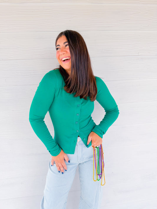 RIBBED LACE TRIM LONG SLEEVE - GREEN