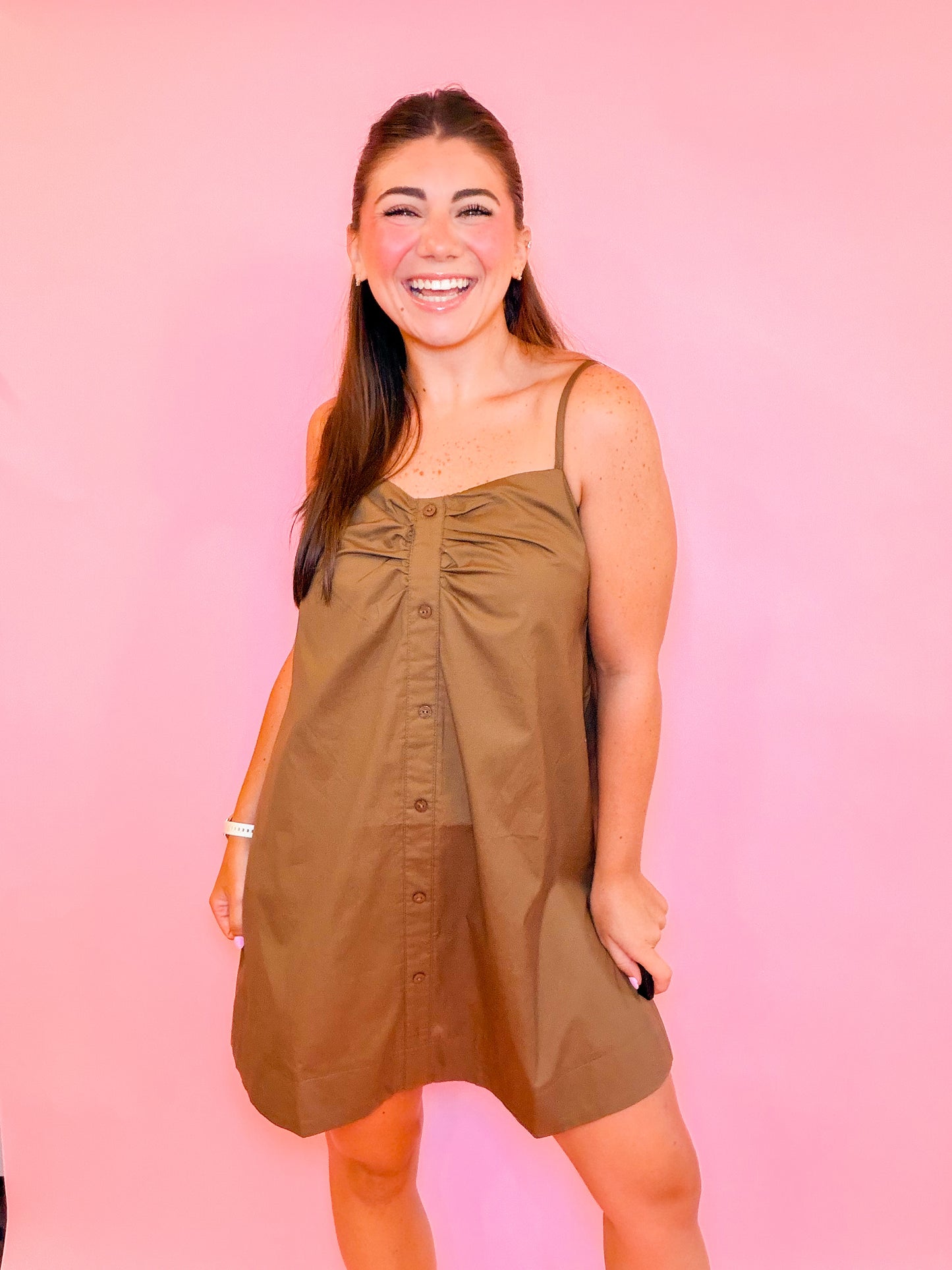 POPLIN RUCHED FAUX BUTTON CAMI MINI DRESS - BROWN