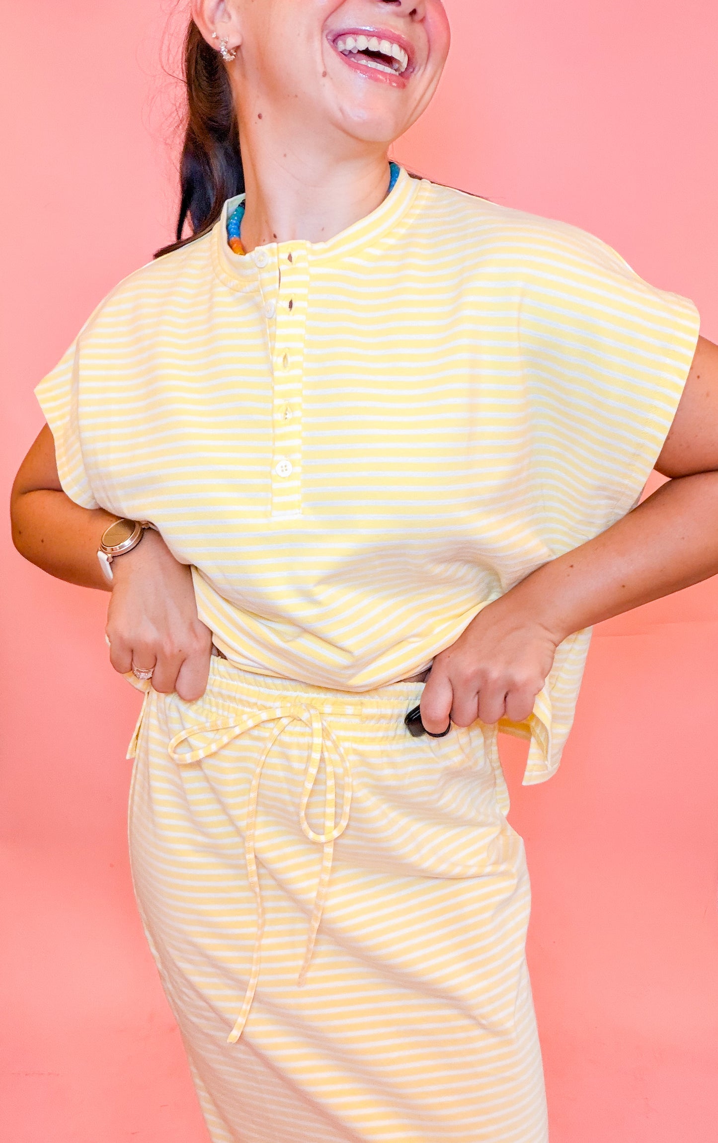 STRIPED HENLEY TOP + MIDI SKIRT SET - DAISY