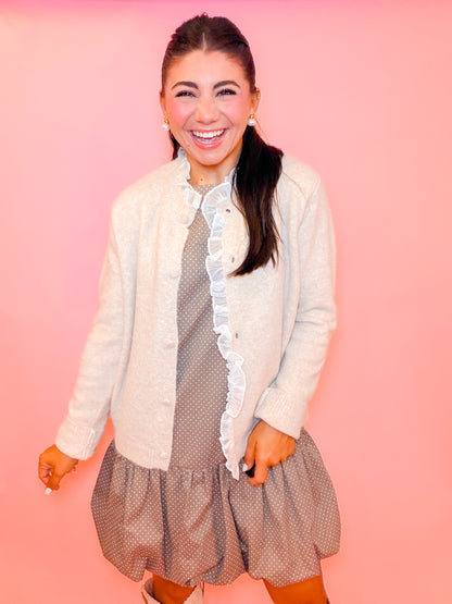 RUFFLE DETAIL SWEATER JACKET - LT TAUPE