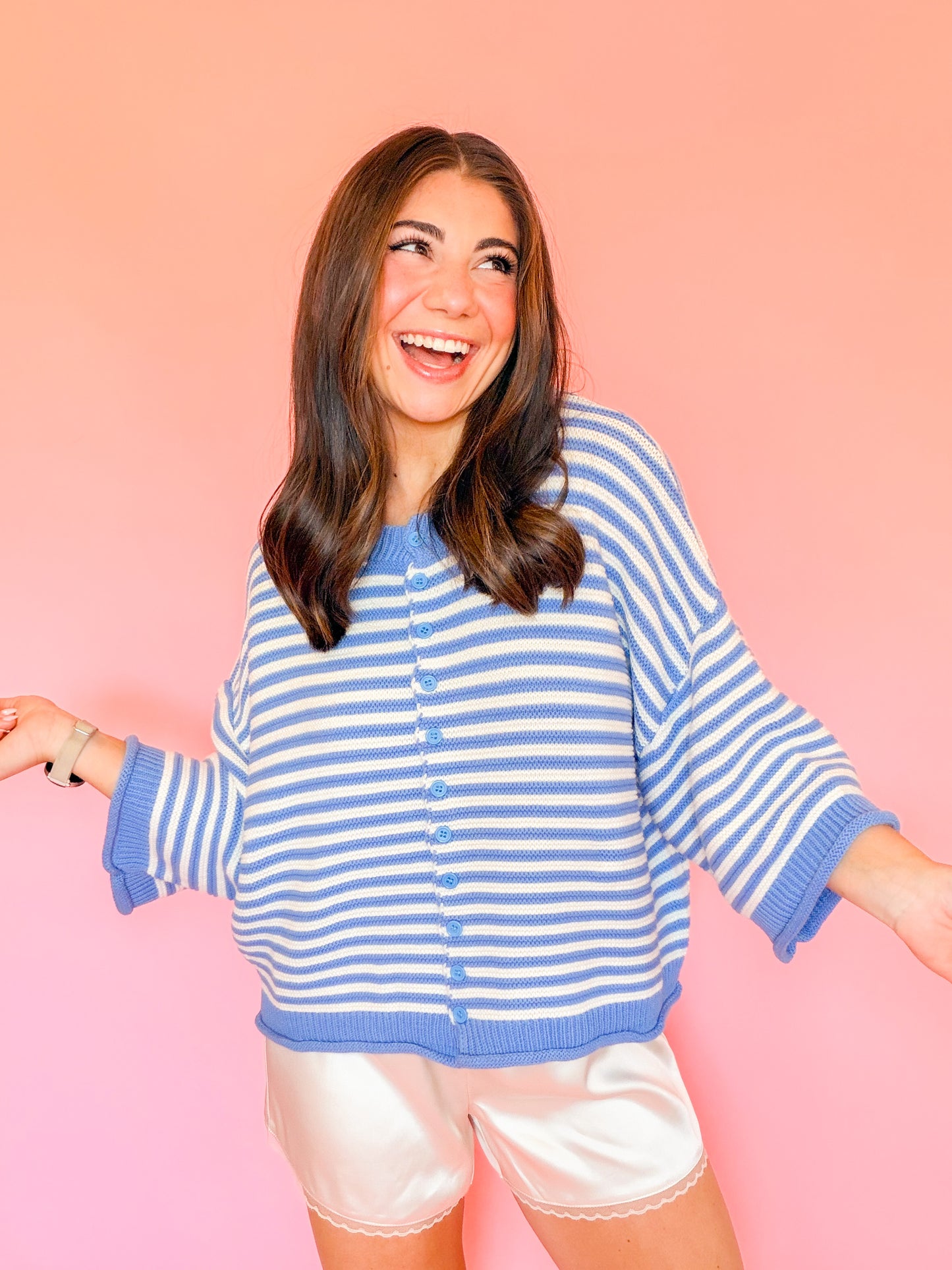 STRIPE BUTTON UP HALF SLEEVE CARDIGAN - BLUE