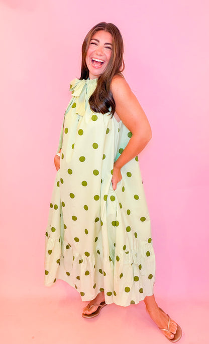 RUFFLE NECK TIE POLKA DOT MIDI DRESS