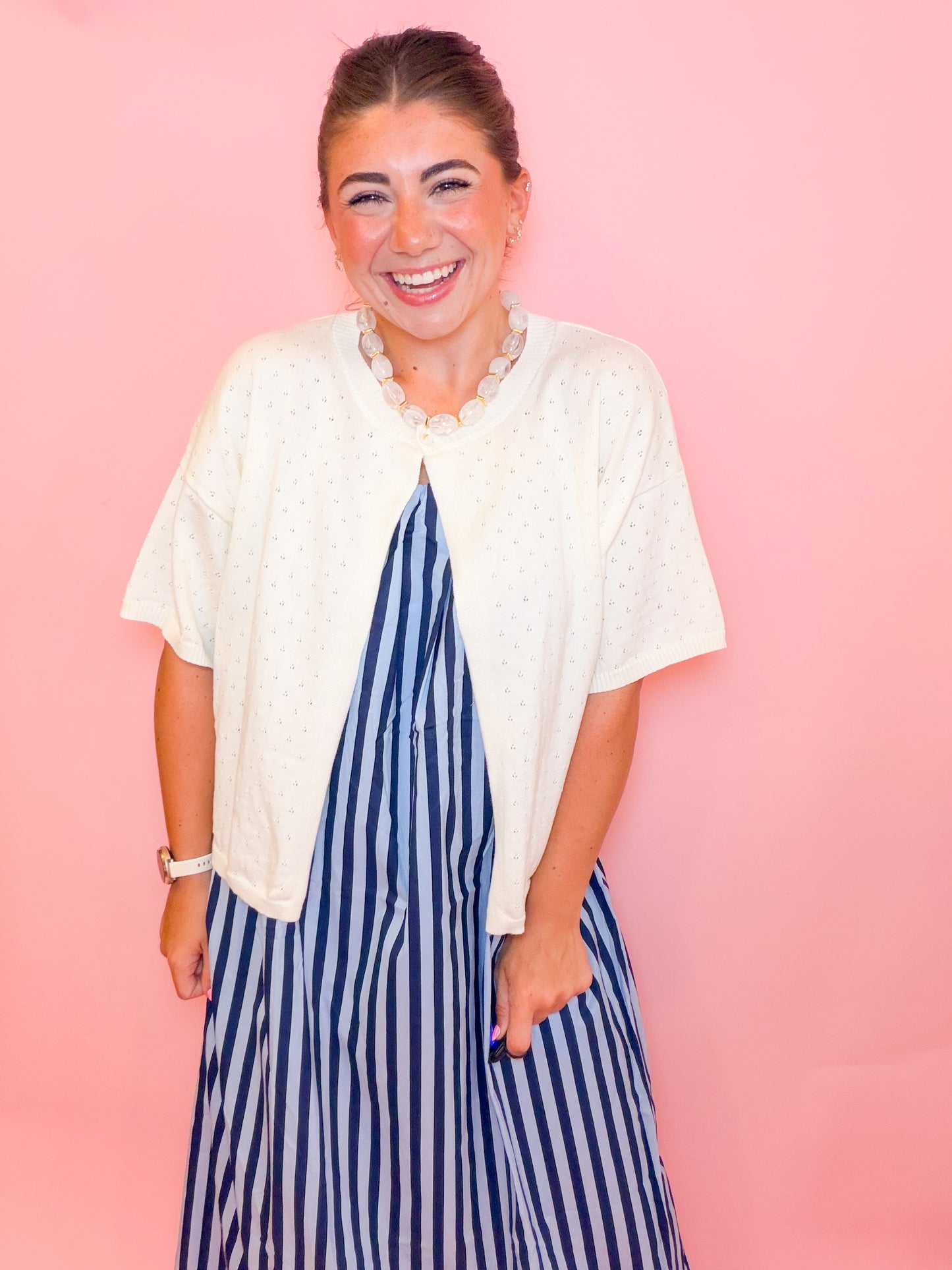 POINTELLE SINGLE BUTTON CARDIGAN - IVORY