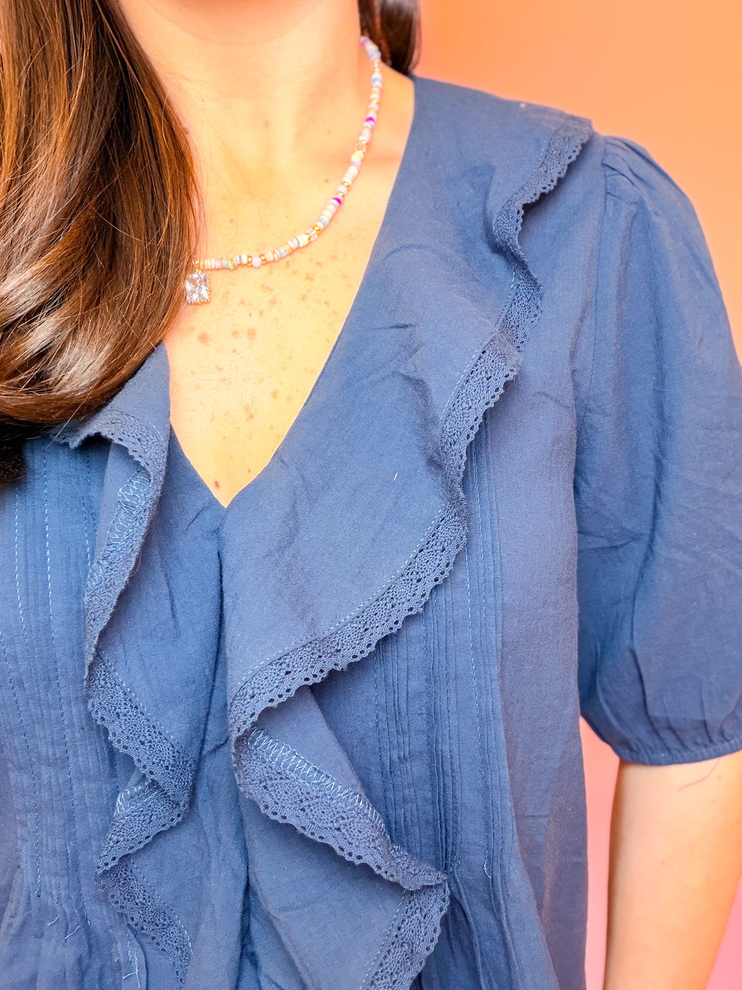 RUFFLED COTTON BLOUSE - NAVY