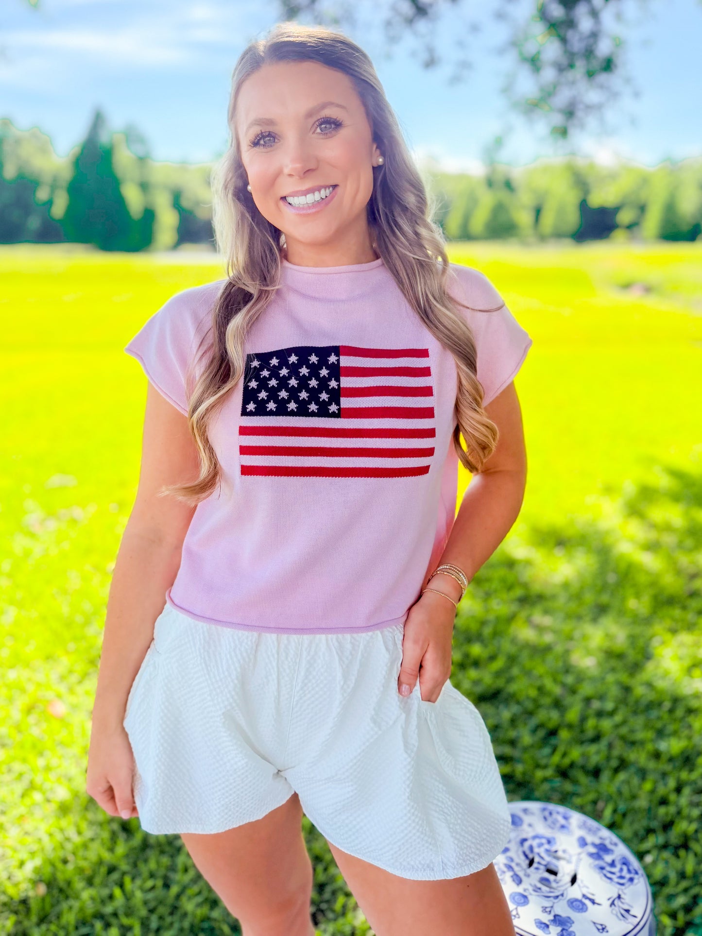 MOCK NECK USA FLAG GRAPHIC SWEATER