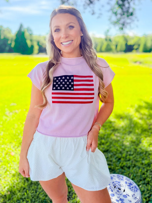 MOCK NECK USA FLAG GRAPHIC SWEATER