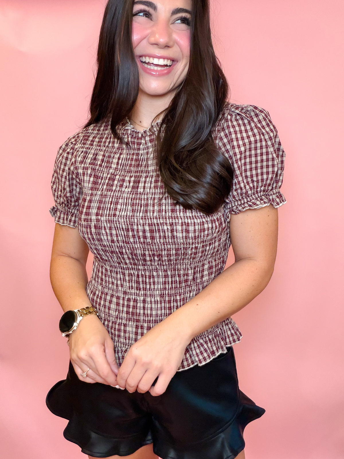 PUFF SLEEVE SMOCKED PLAID TOP