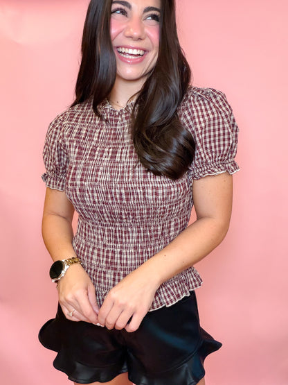 PUFF SLEEVE SMOCKED PLAID TOP