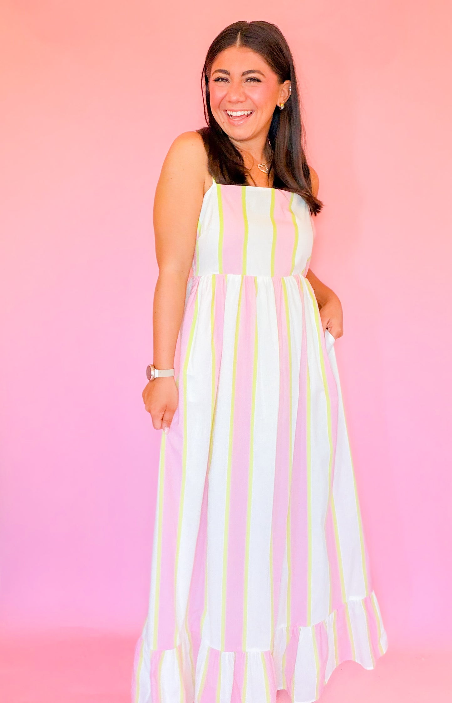 STRIPED RUFFLE BOTTOM MAXI DRESS