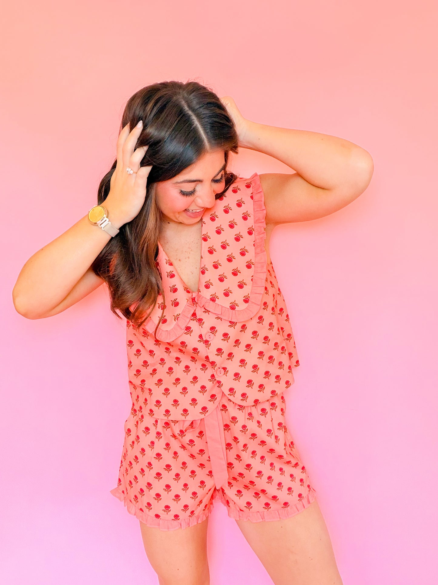 DITSY FLORAL SLEEVELESS COLLAR TOP & RUFFLE SHORTS SET