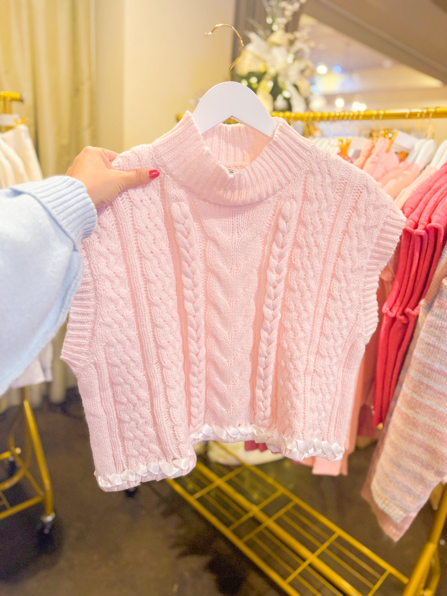 CABLE KNIT CONTRAST SWEATER - LT PINK