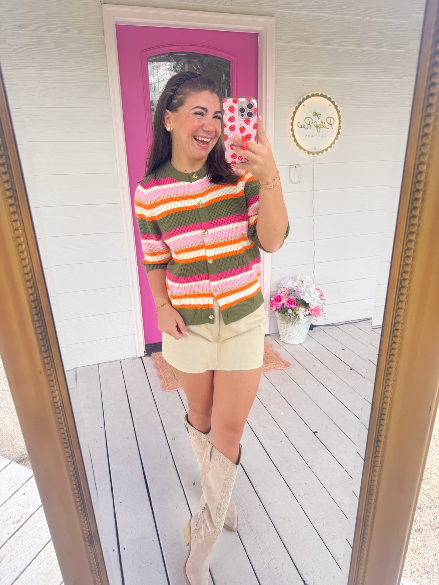 SHORT SLEEVE MULTI STRIPE KNIT TOP