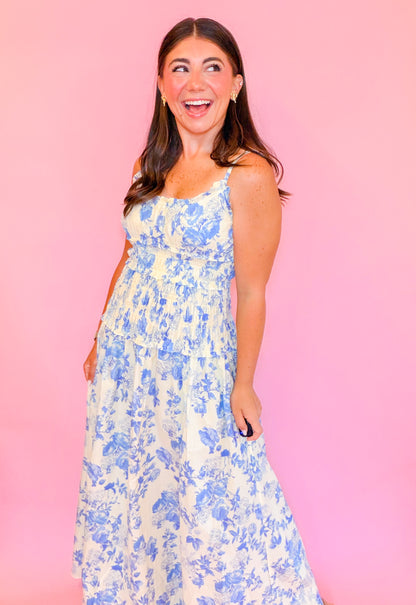 SMOCKED WAIST MIDI DRESS - BUTTER/BLUE