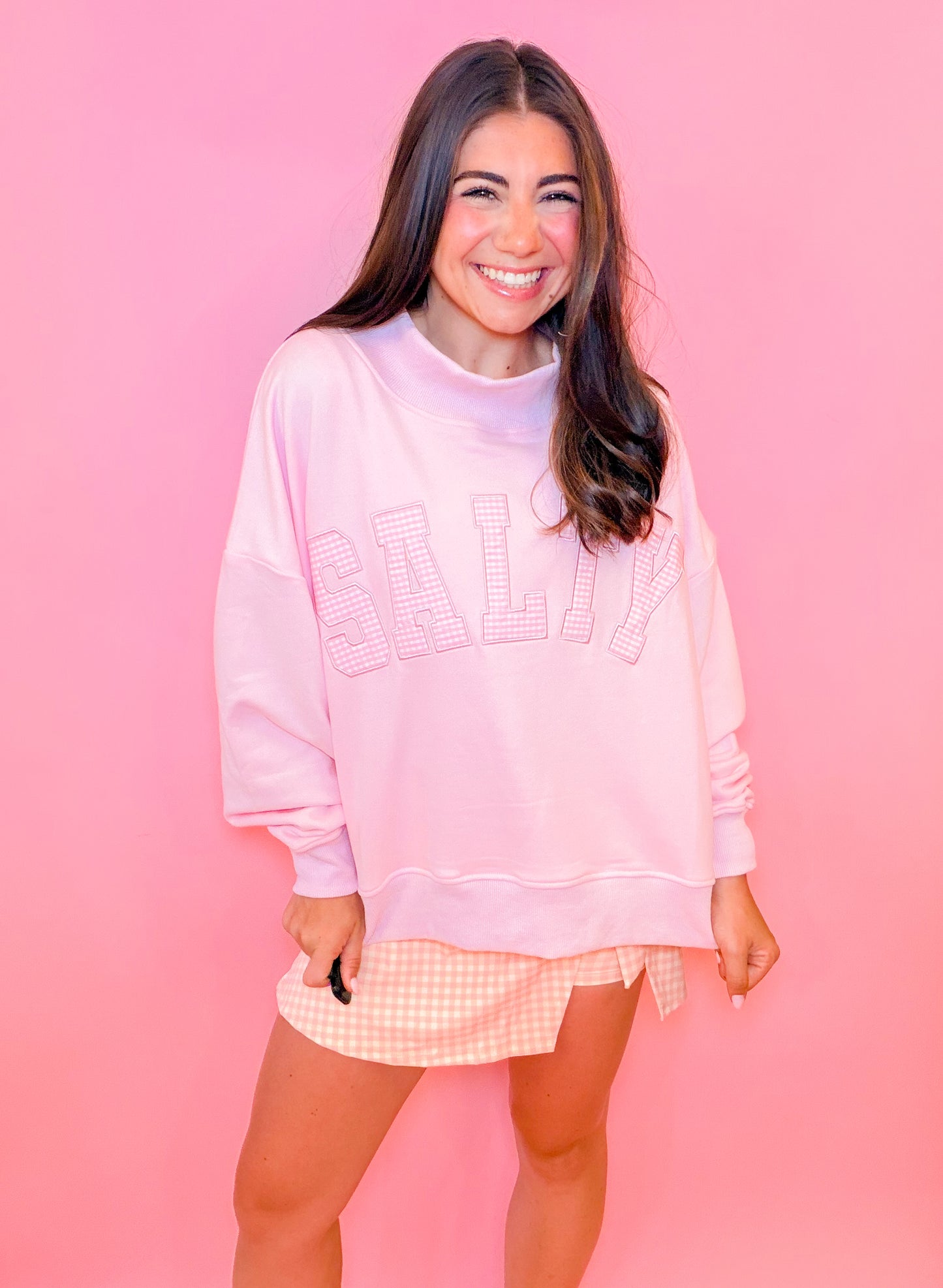GINGHAM 'SALTY' OVERSIZED MOCK NECK SWEATSHIRT