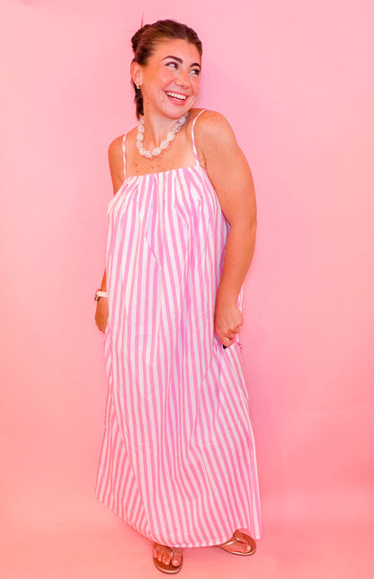 STRIPED MIDI DRESS - PINK/WHITE