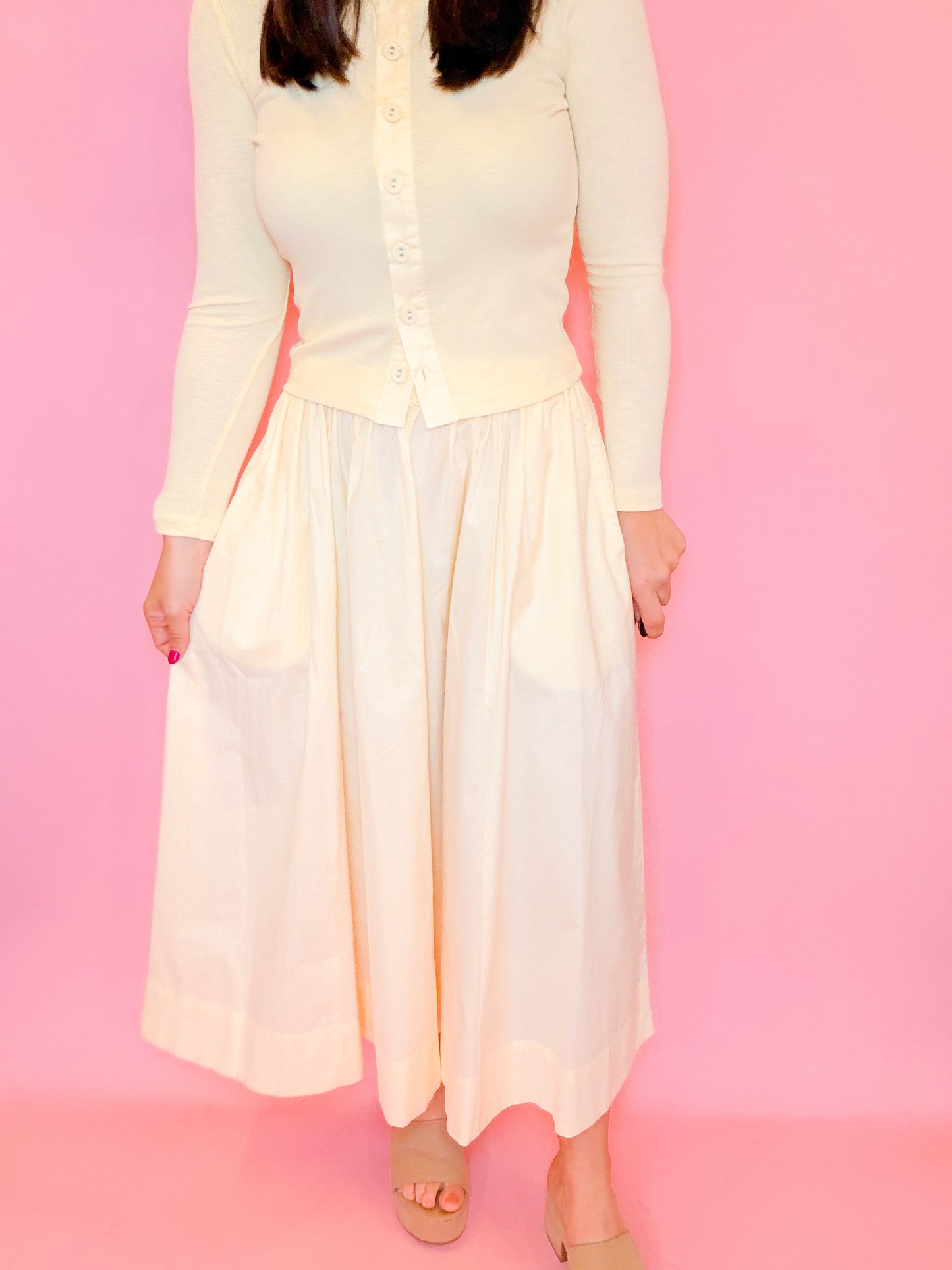 POPLIN ELASTIC WAIST MIDI SKIRT - BUTTER