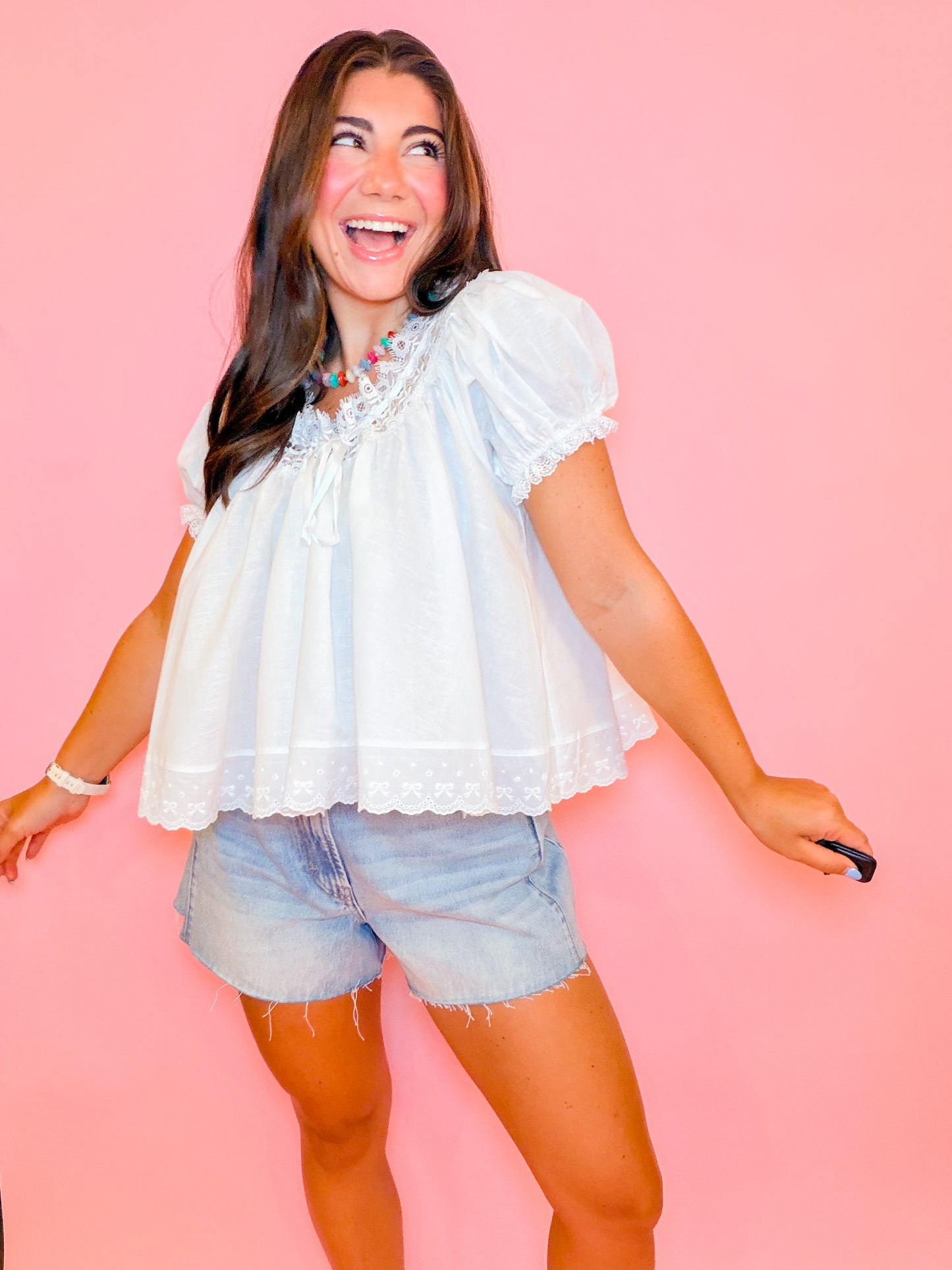LACE TRIM SHORT SLEEVE TOP - WHITE