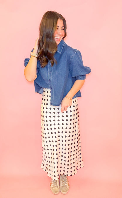 PUFF SLV BUTTON DOWN DENIM TOP