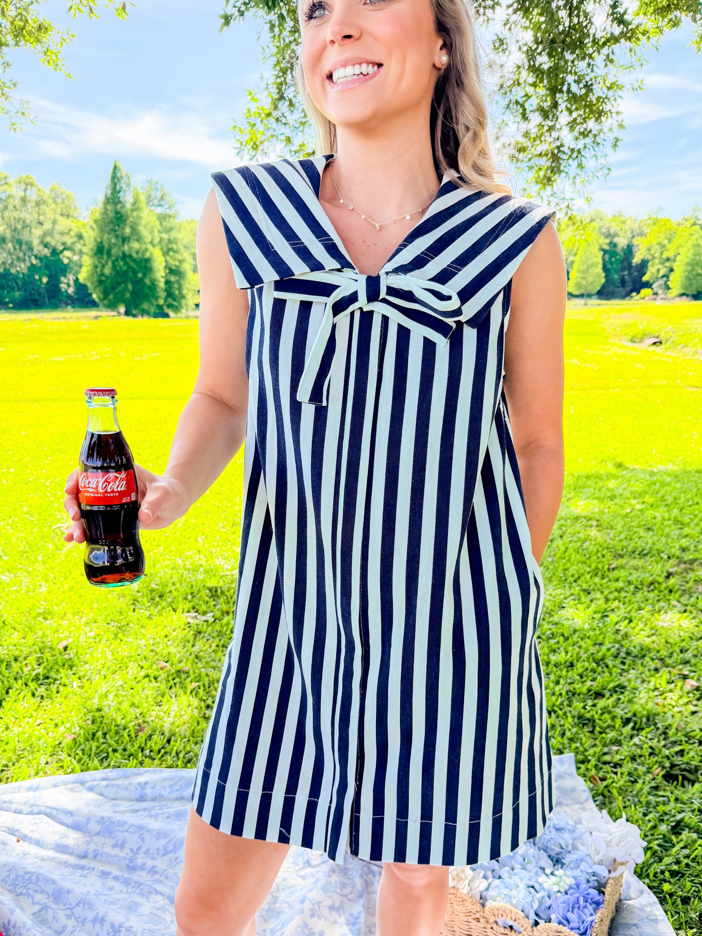 COLLAR + BOW STRIPED DENIM DRESS