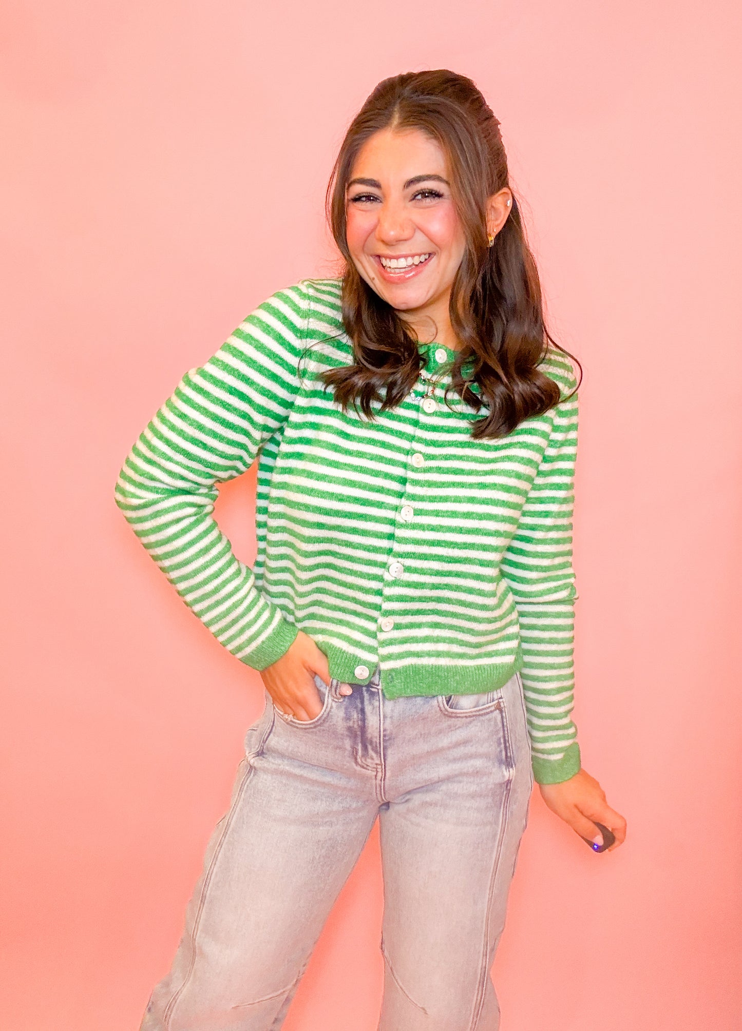 STRIPED SWEATER CARDIGAN - KELLY GREEN