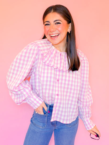GINGHAM LONG SLEEVE BLOUSE - PINK