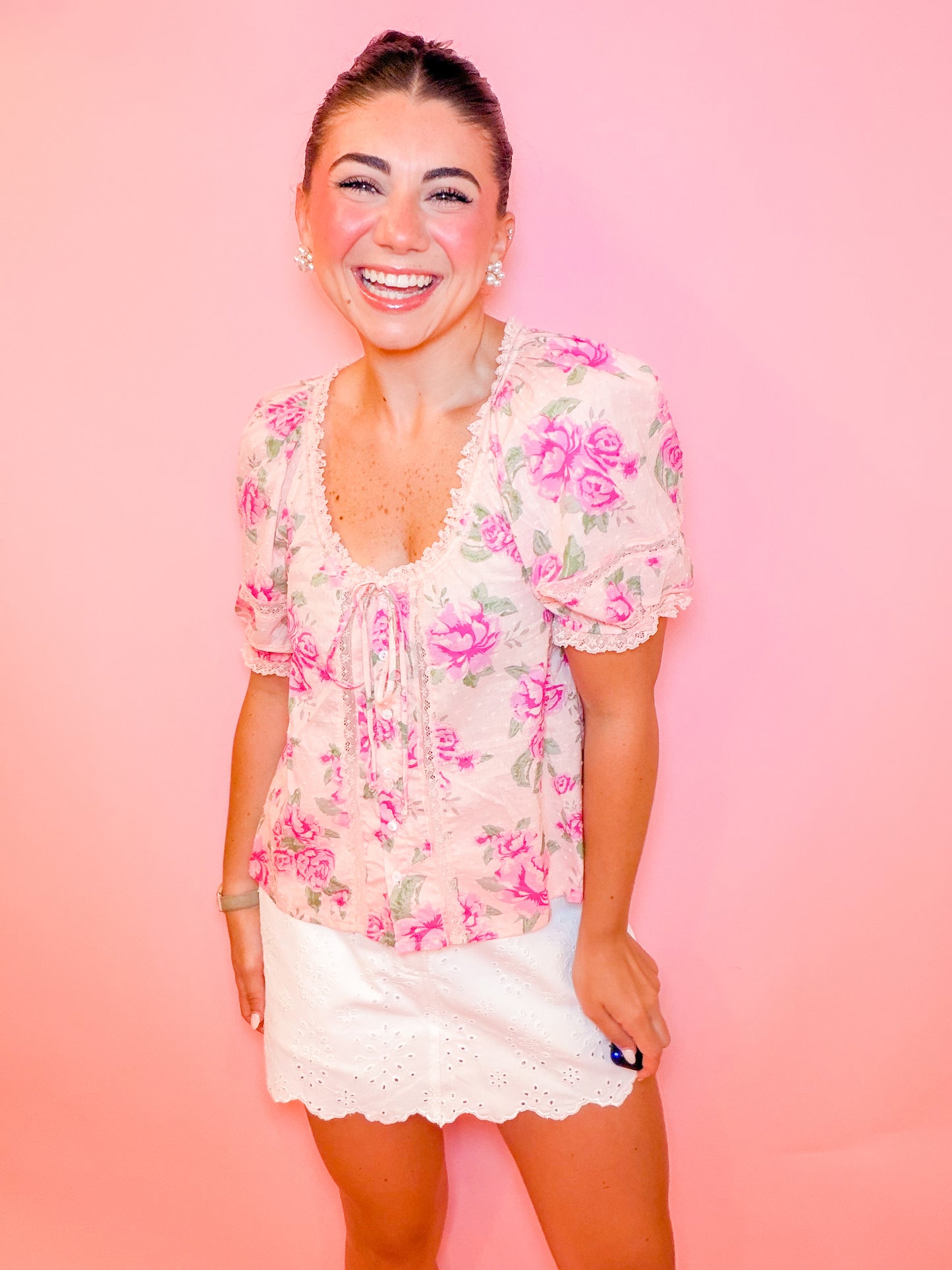 PINK FLORAL LACE TOP
