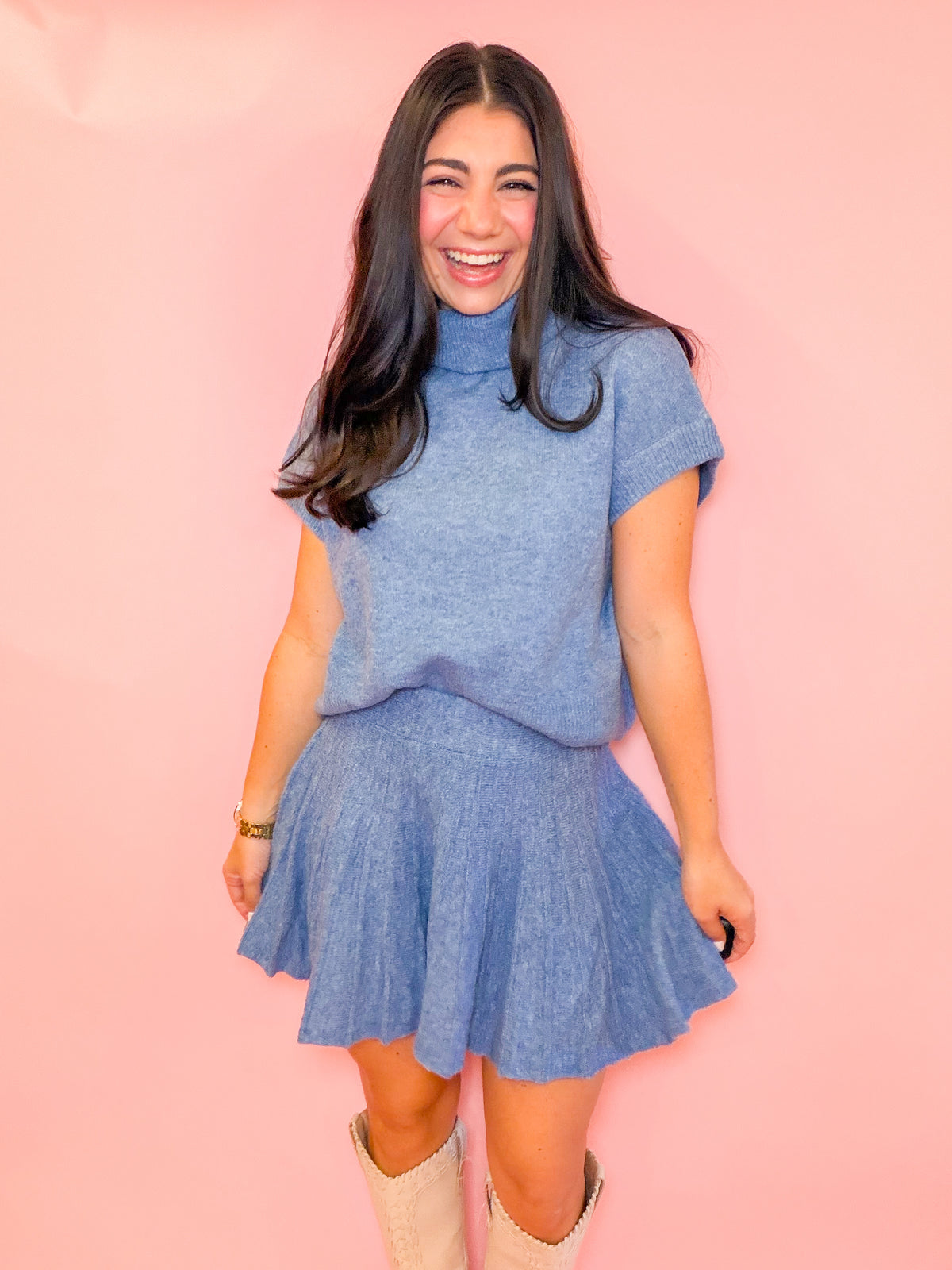 TURTLENECK TOP + PLEATED SKIRT SET - DUSTY BLUE