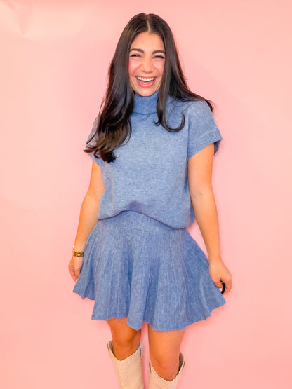 TURTLENECK TOP + PLEATED SKIRT SET - DUSTY BLUE