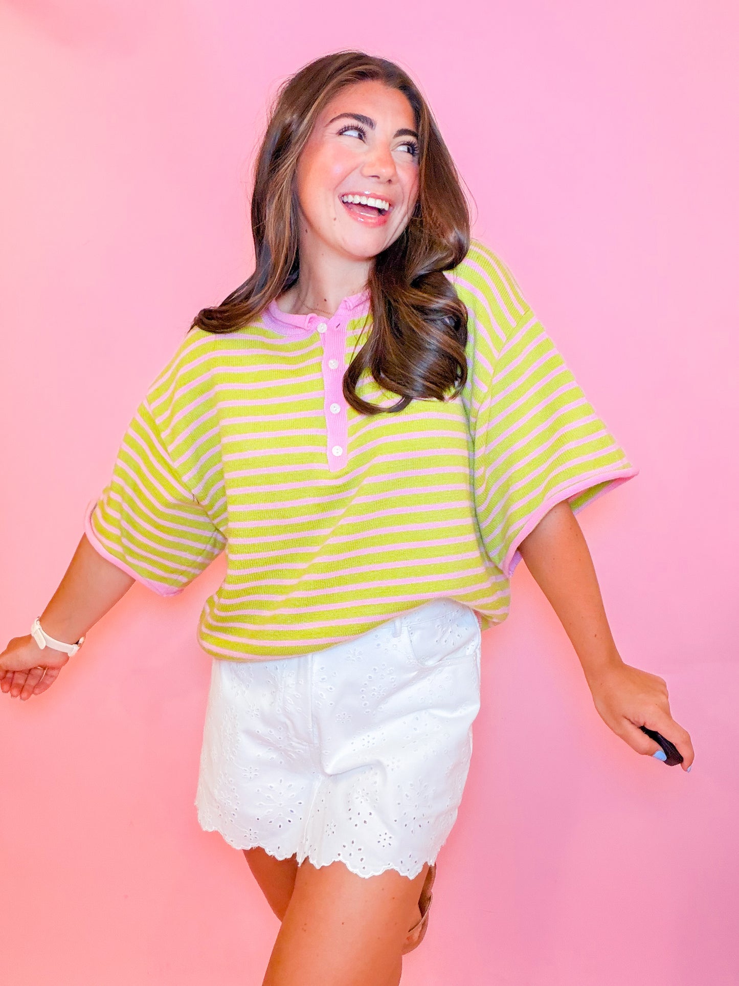 STRIPED HENLEY KNIT TOP - STRAWBERRY/MATCHA
