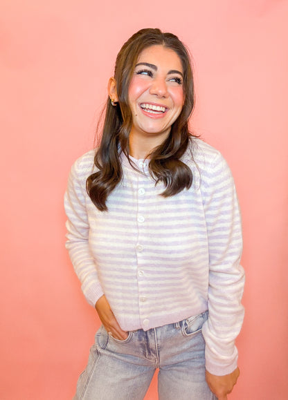 STRIPED SWEATER CARDIGAN - LAVENDER