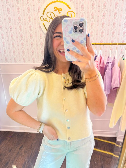 PUFF SLEEVE CREW NECK KNIT TOP - YELLOW