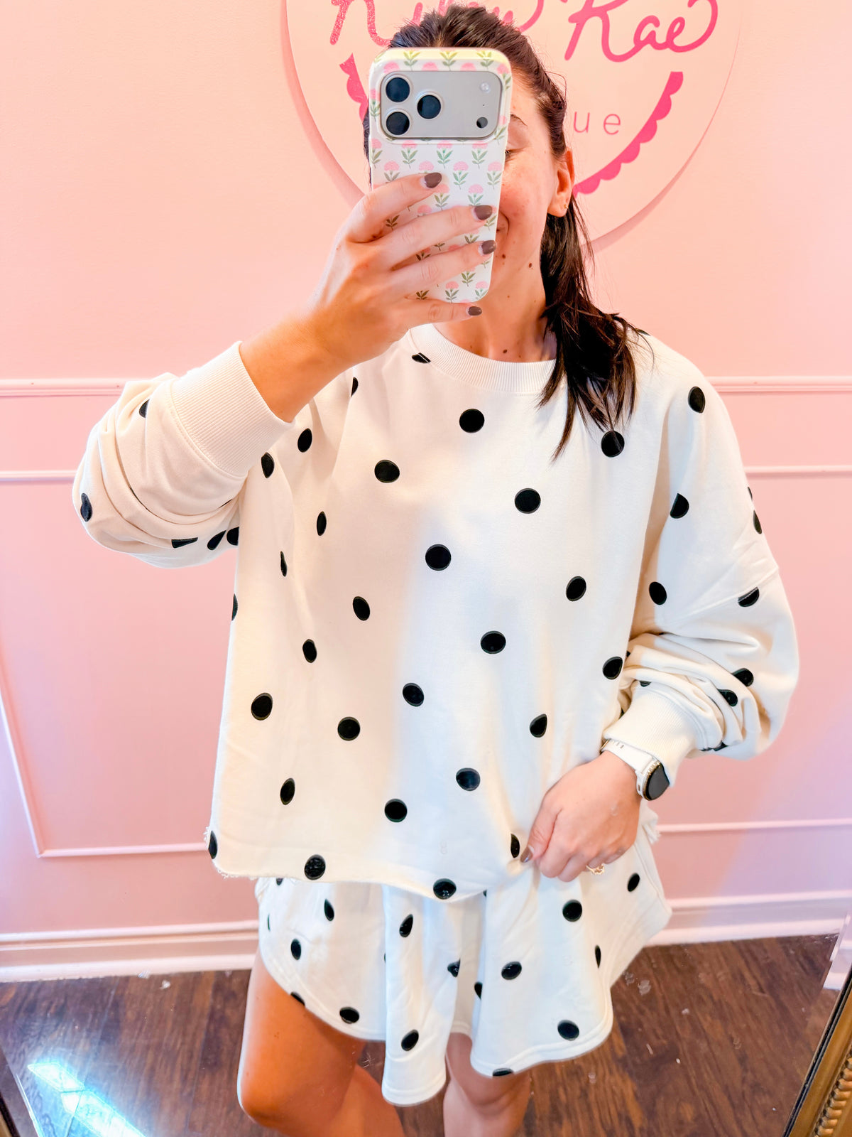 IVORY POLKA DOT LONG SLV + SKORT SET