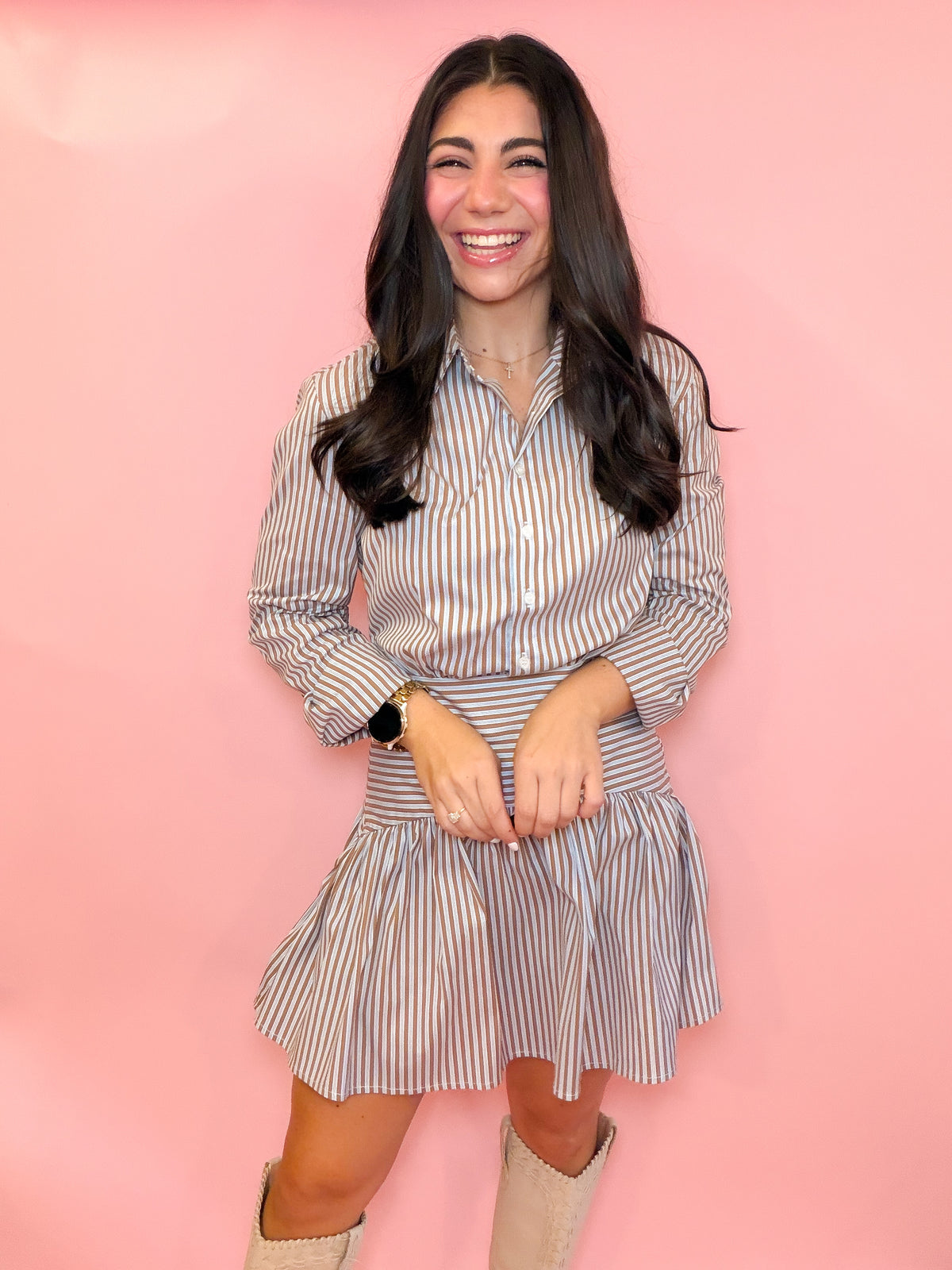 STRIPED DROP WAIST POPLIN DRESS