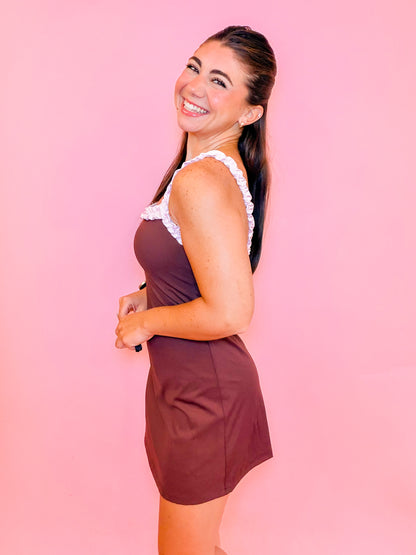RUFFLE STRAP ATHLETIC DRESS - CHOCOLATE/PINK