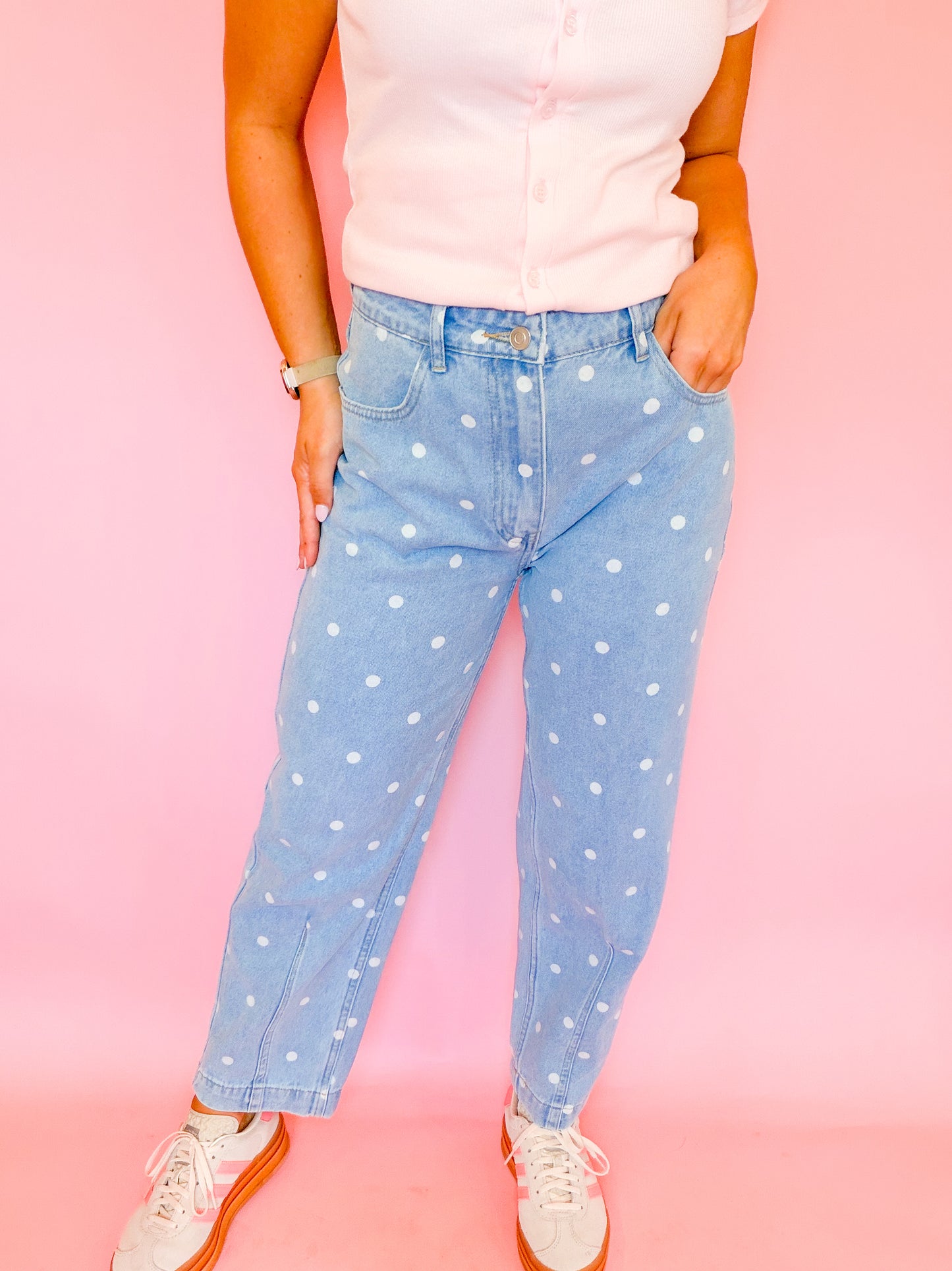 POLKA DOT PRINTED DENIM ANKLE JEANS