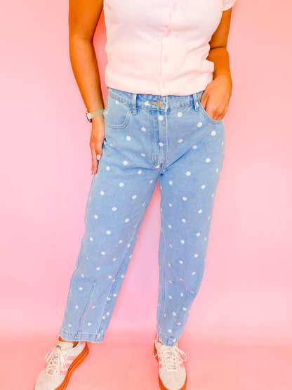 POLKA DOT PRINTED DENIM ANKLE JEANS
