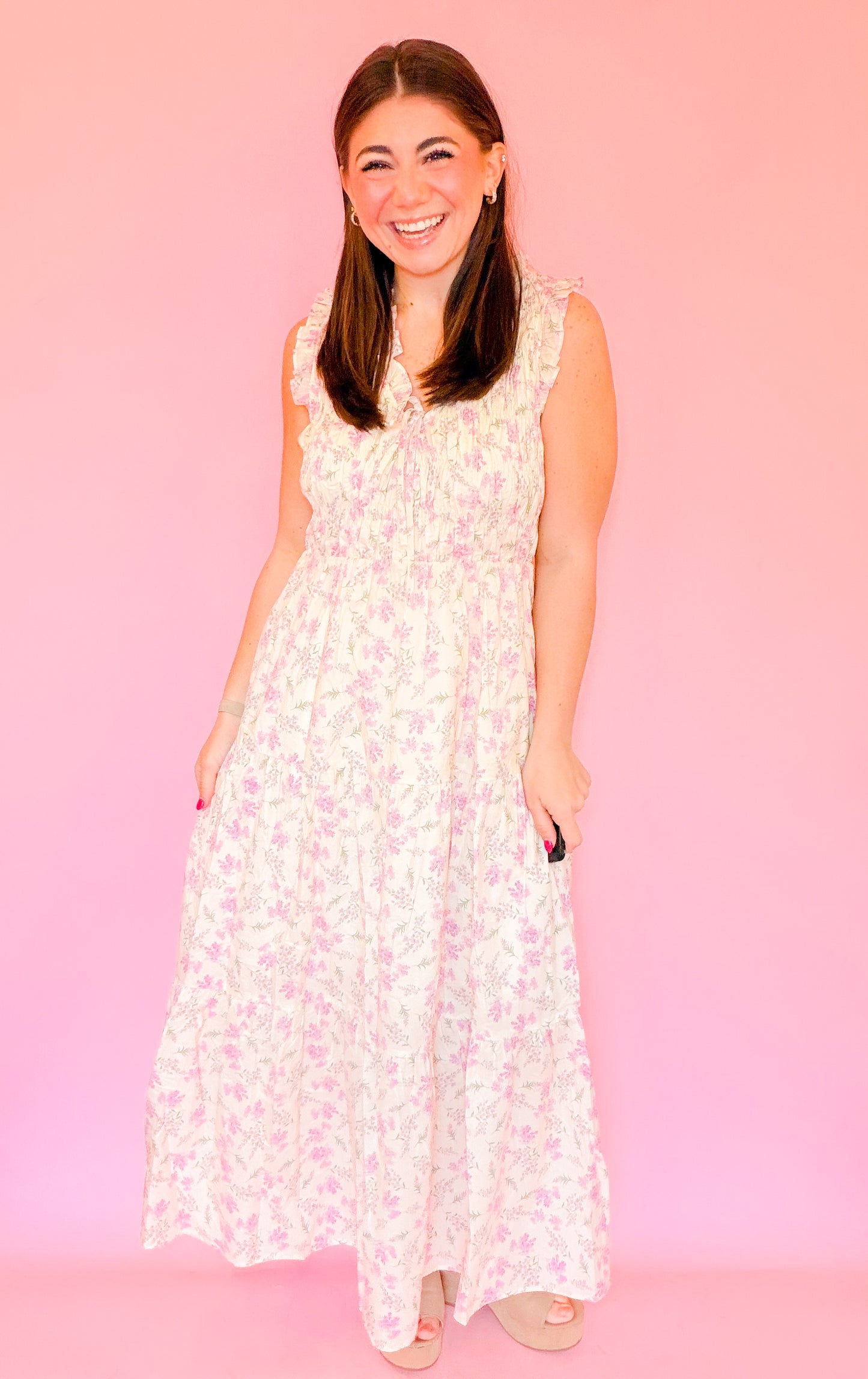 FLORAL SMOCKED MIDI DRESS - LILAC/ECRU