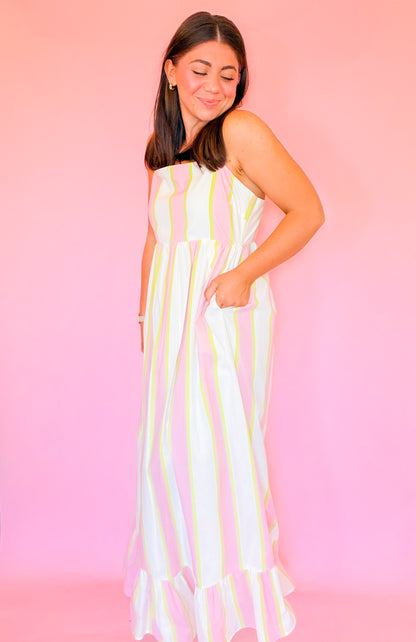 STRIPED RUFFLE BOTTOM MAXI DRESS