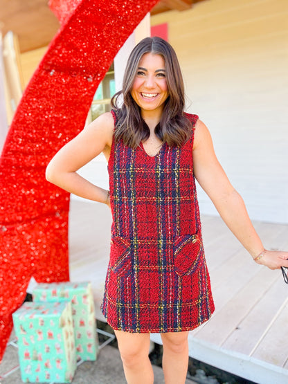 CHECKERED TWEED V NECK MINI DRESS
