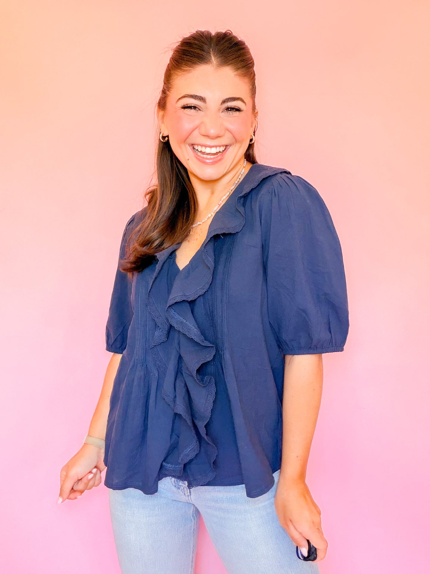 RUFFLED COTTON BLOUSE - NAVY