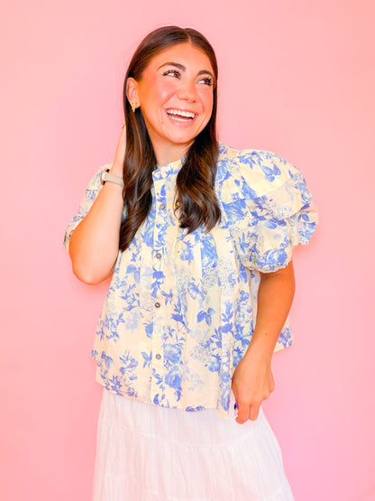 PUFF SLV BUTTON DOWN TOP - BUTTER/BLUE