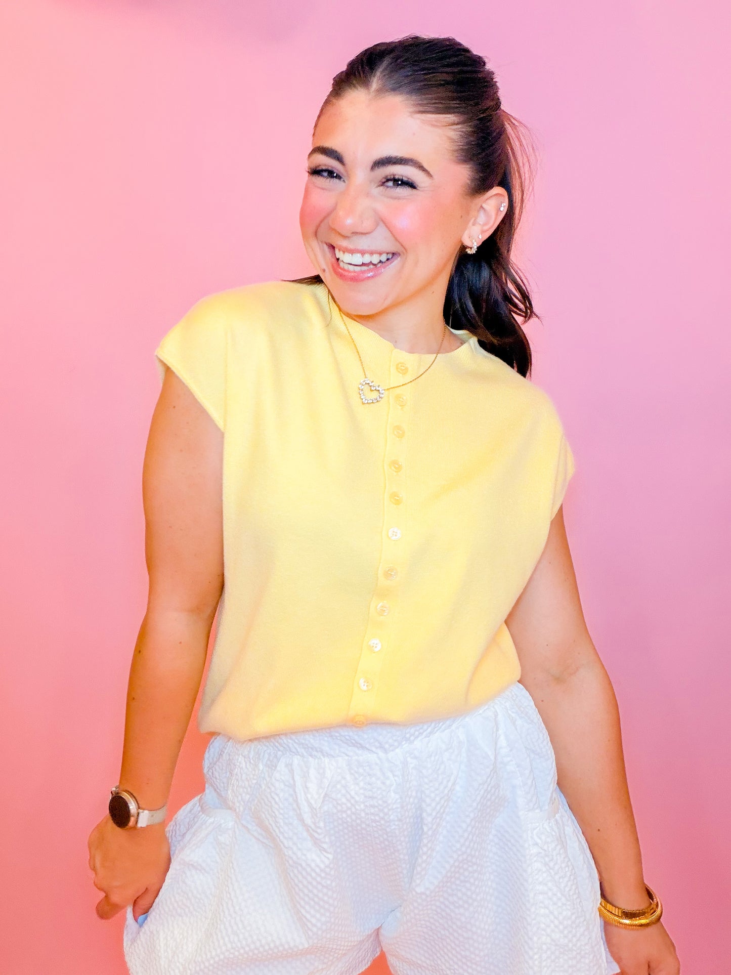 CAP SLEEVE LIGHTWEIGHT SWEATER - LEMON