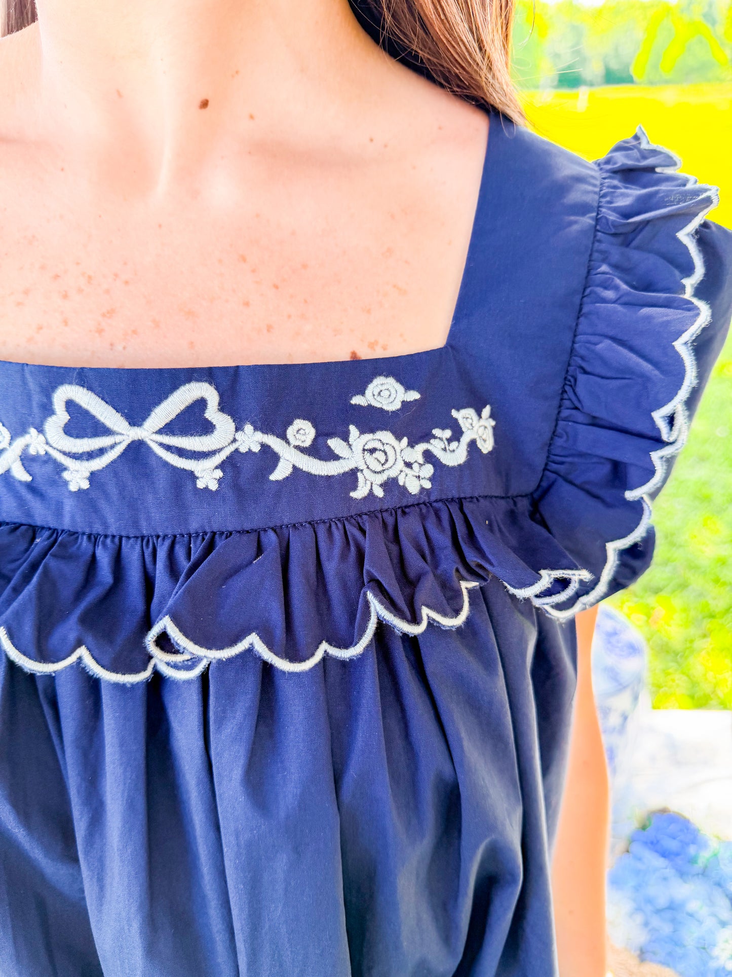 EMBROIDERED PUFF SLV MINI DRESS