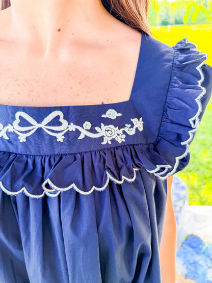 EMBROIDERED PUFF SLV MINI DRESS