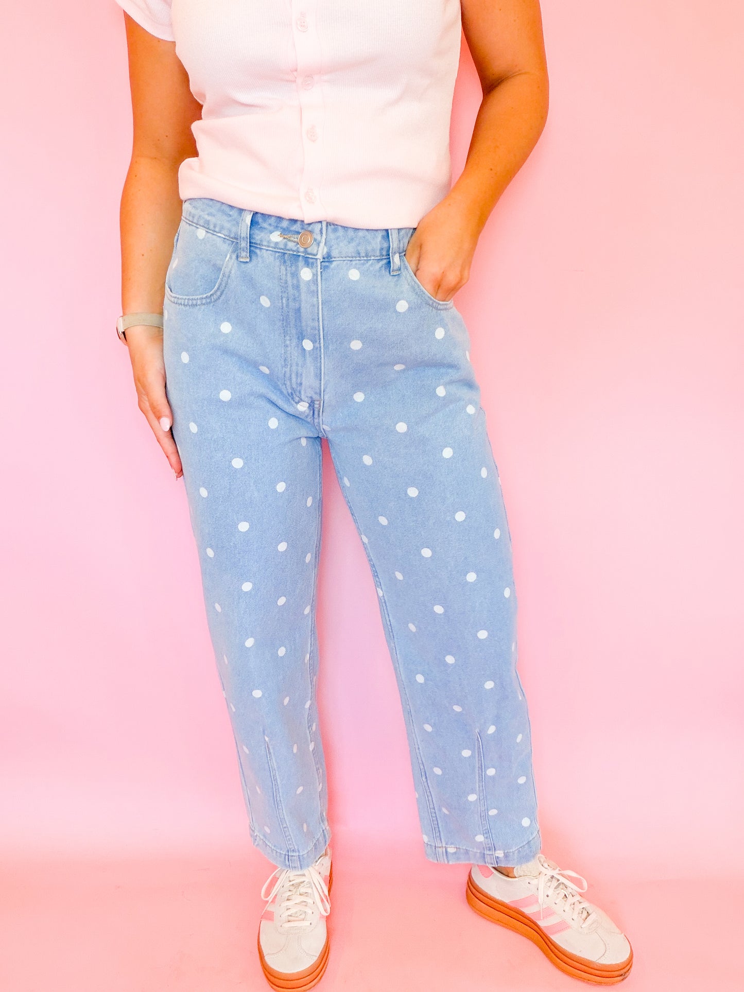 POLKA DOT PRINTED DENIM ANKLE JEANS