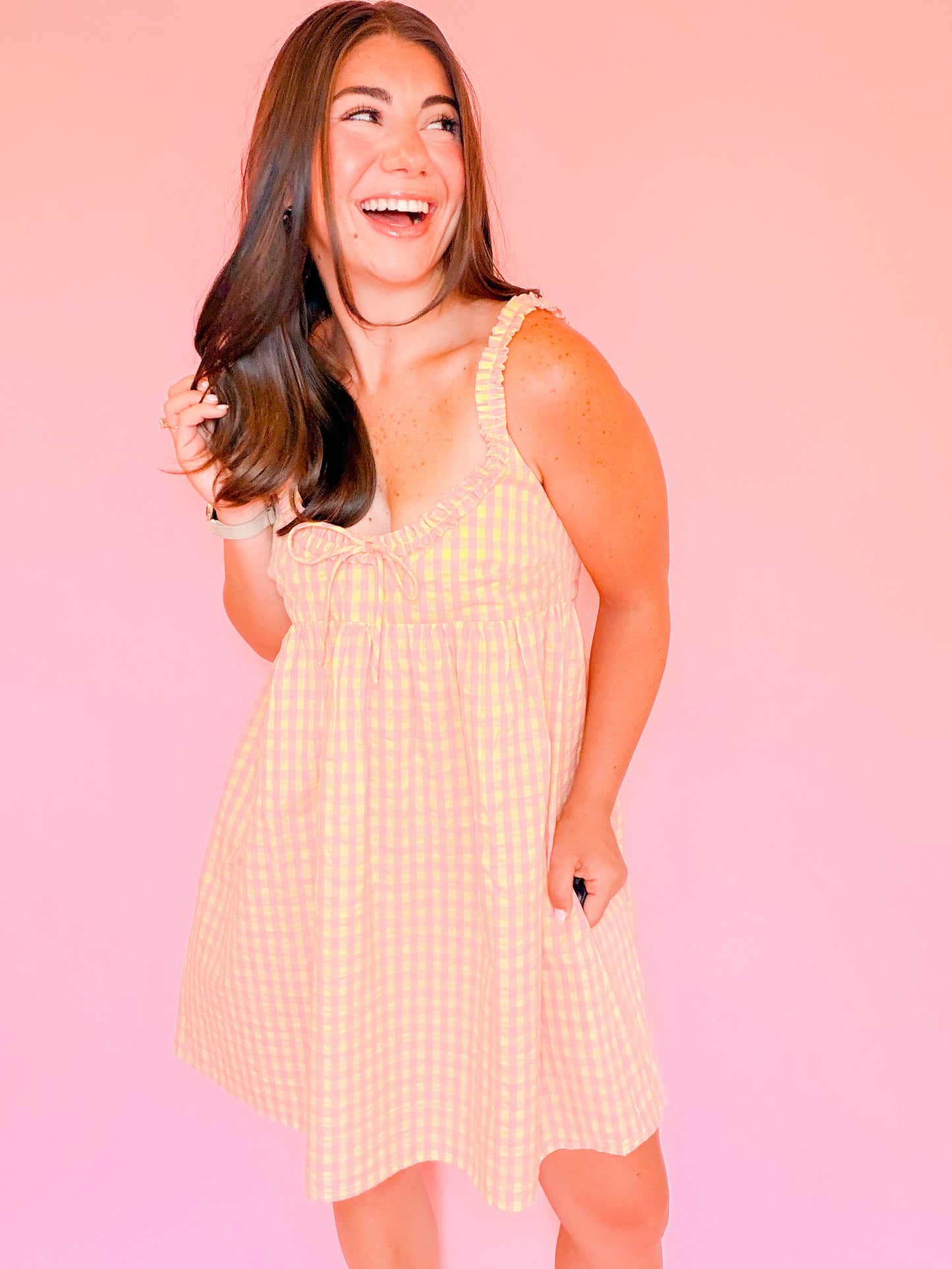 GINGHAM BABYDOLL TIE DRESS - PINK/YELLOW