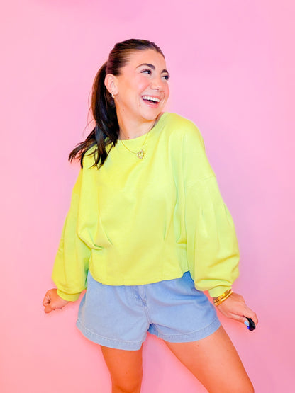 PUFF SLEEVE PLEATED TOP - CHARTREUSE