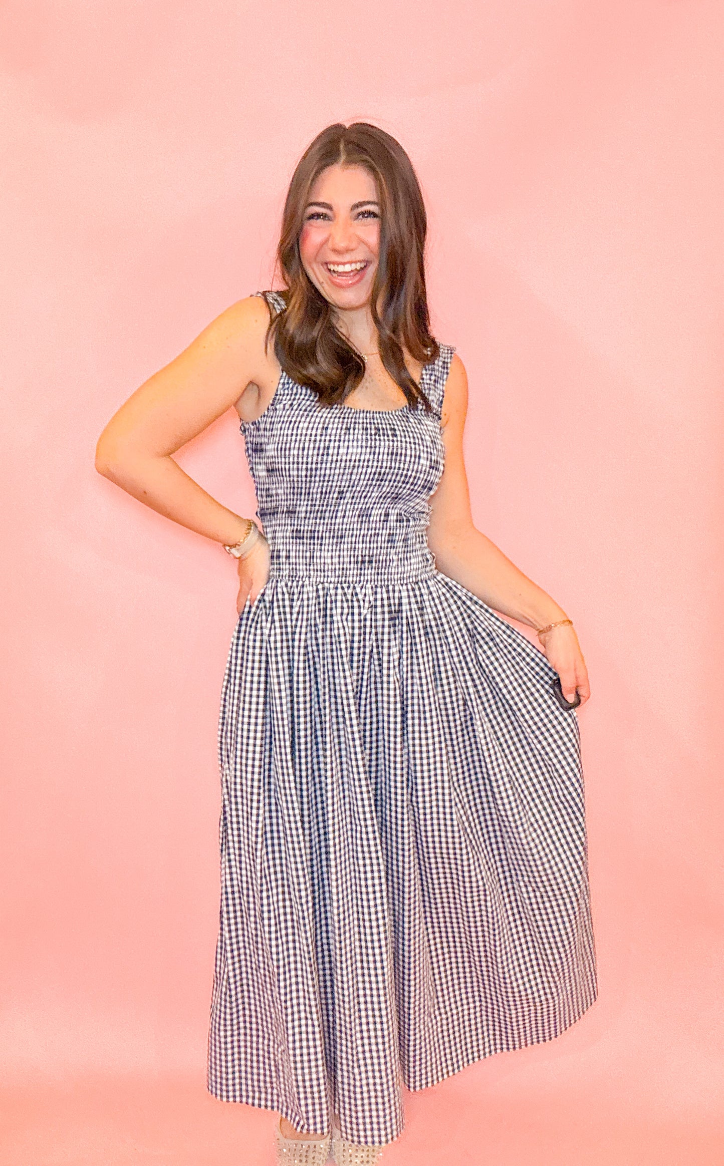 GINGHAM SMOCKED MIDI DRESS