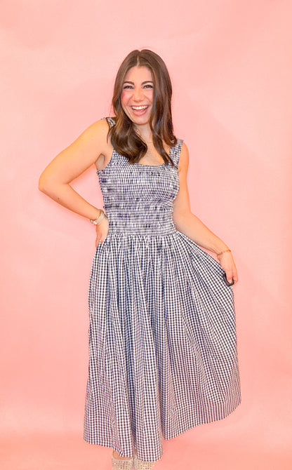 GINGHAM SMOCKED MIDI DRESS